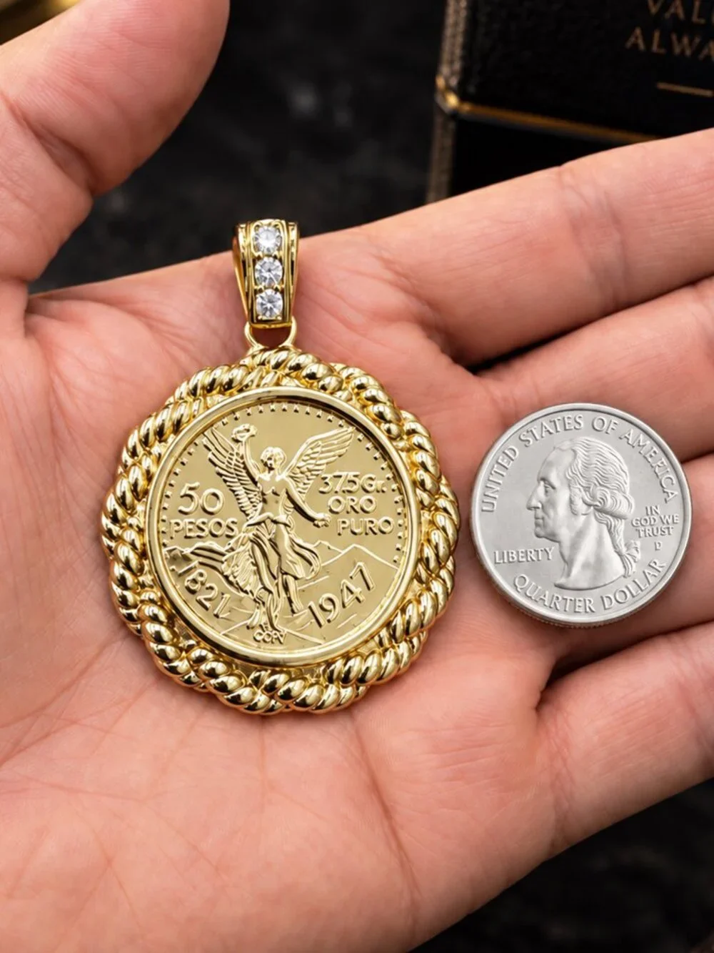 14k Yellow Gold Plated AAACubic Zirconia Mexican Centenario 50 Peso Coin Pendant